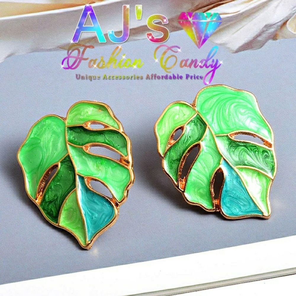 Green Swirl Leaf Statement Earrings